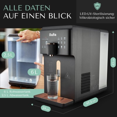 AURA| Auftisch-Umkehrosmoseanlage mit Wasserstoff-Ionisator und Heißwasserfunktion ohne Festwasseranschluss Weiß und Schwarz W23 AURA| Auftisch-Umkehrosmoseanlage mit Wasserstoff-Ionisator und Heißwasserfunktion ohne Festwasseranschluss Weiß und Schwarz W23
